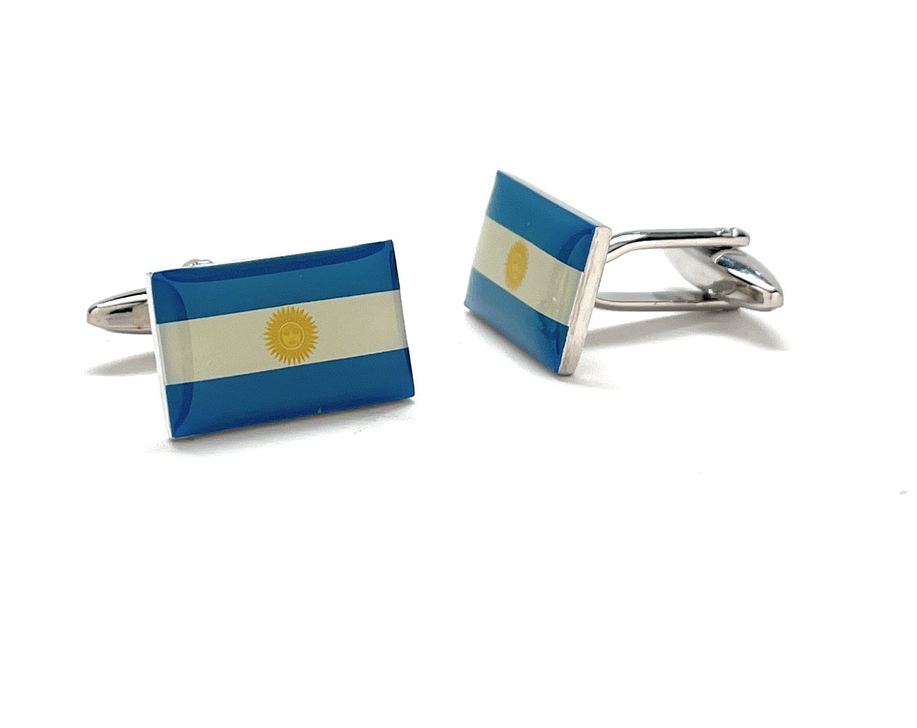 Argentina Flag Cufflinks – silver and enamel cufflinks featuring blue, white, and gold design with Sun of May emblem by JayPins, representing Argentinian pride and heritage.