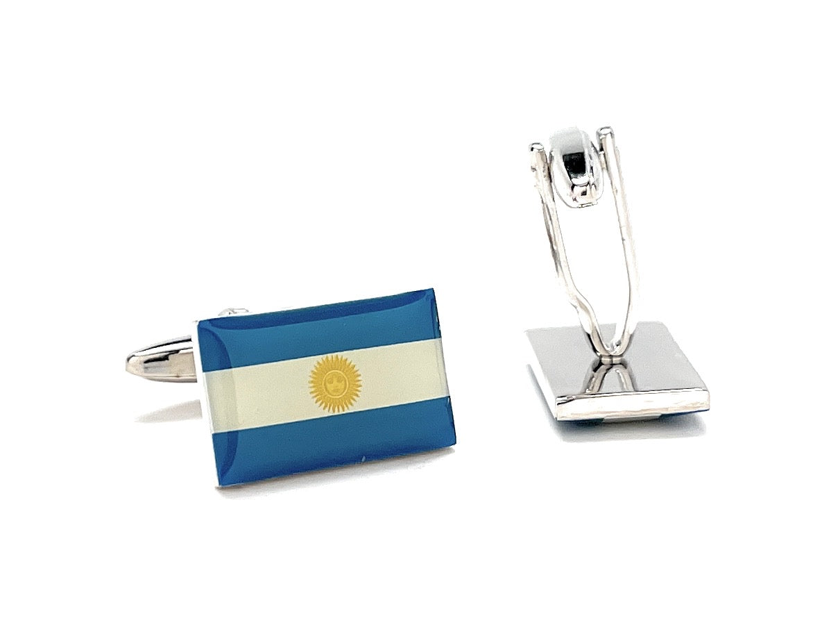 Argentina Flag Cufflinks – silver and enamel cufflinks featuring blue, white, and gold design with Sun of May emblem by JayPins, representing Argentinian pride and heritage.