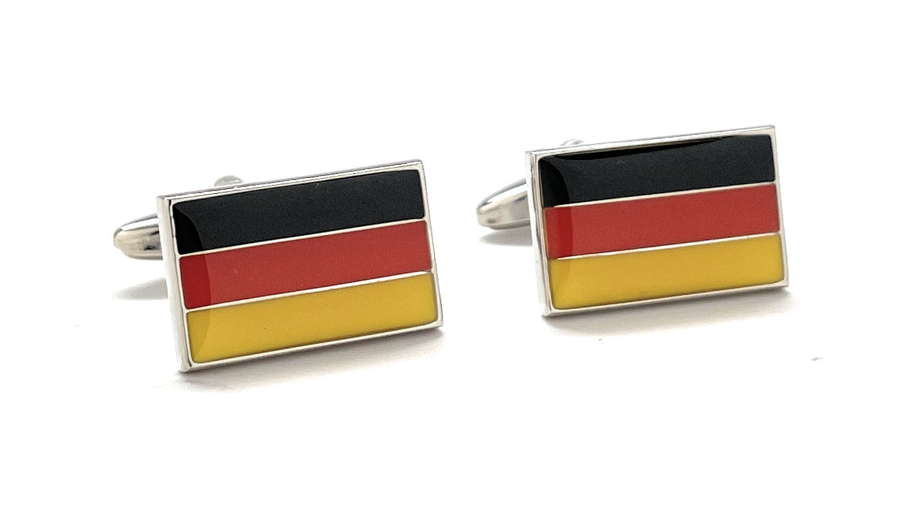 Germany Flag Cufflinks – black, red, and gold enamel cufflinks by JayPins with polished silver finish, symbolizing national pride.