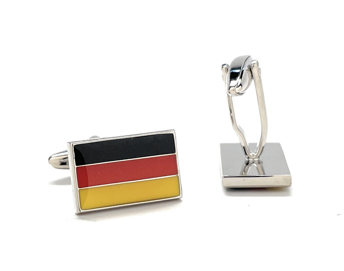 Germany Flag Cufflinks – black, red, and gold enamel cufflinks by JayPins with polished silver finish, symbolizing national pride.