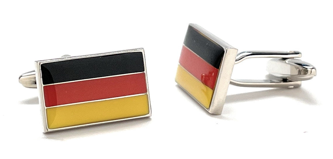 Germany Flag Cufflinks – black, red, and gold enamel cufflinks by JayPins with polished silver finish, symbolizing national pride.