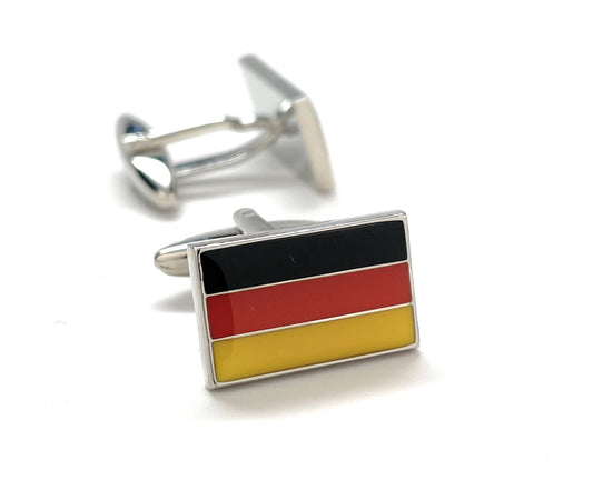 Germany Flag Cufflinks – black, red, and gold enamel cufflinks by JayPins with polished silver finish, symbolizing national pride.