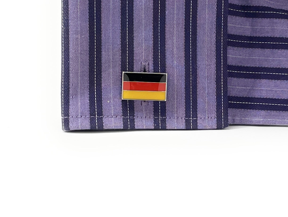 Germany Flag Cufflinks – black, red, and gold enamel cufflinks by JayPins with polished silver finish, symbolizing national pride.