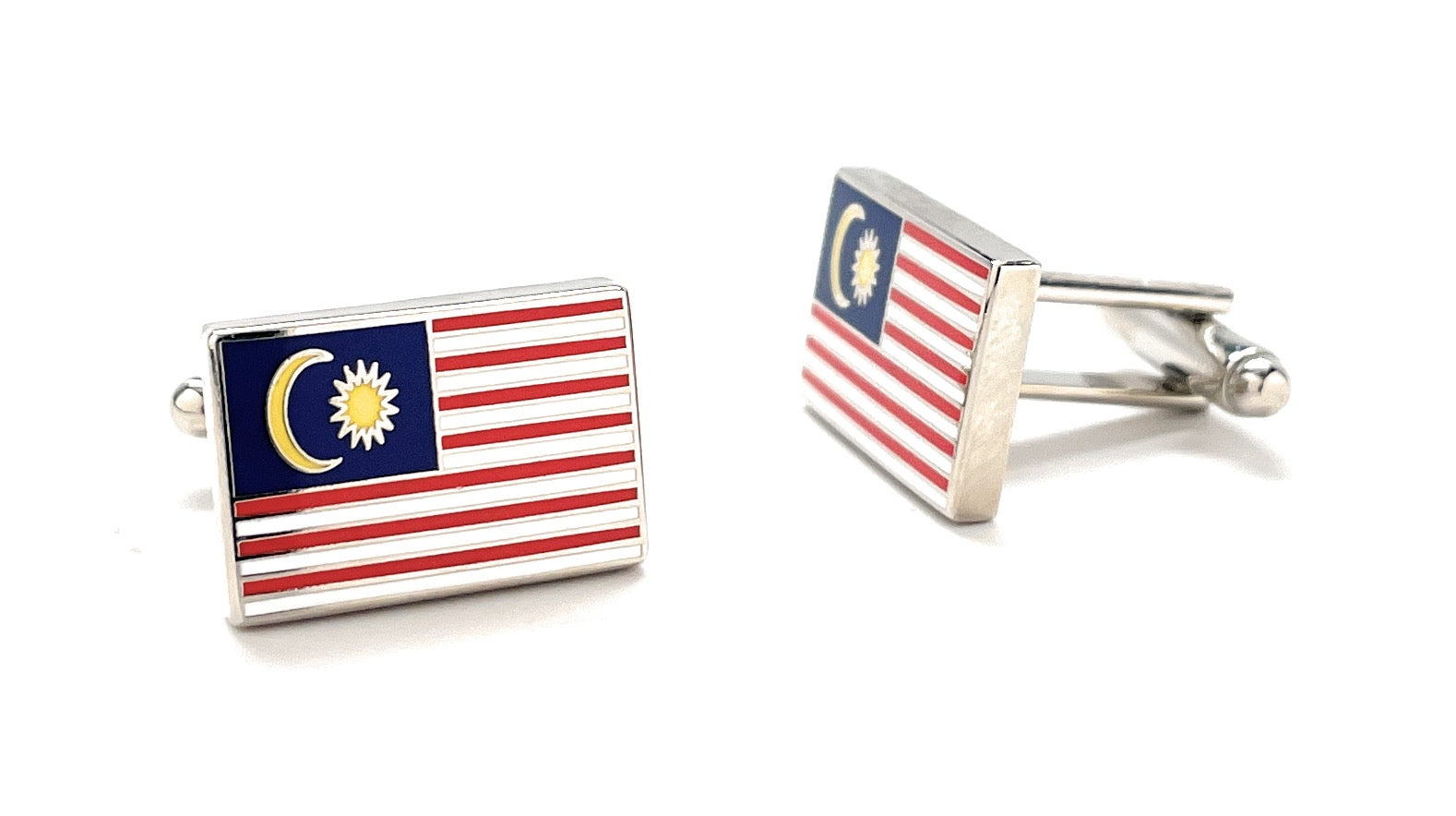 Malaysia Flag Cufflinks – silver cufflinks featuring the red and white stripes, blue field, and gold crescent moon and star, symbolizing Malaysian pride and national heritage by JayPins.