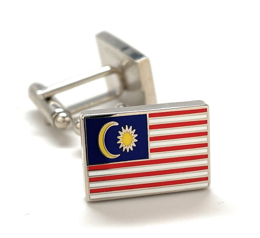 Malaysia Flag Cufflinks – silver cufflinks featuring the red and white stripes, blue field, and gold crescent moon and star, symbolizing Malaysian pride and national heritage by JayPins.