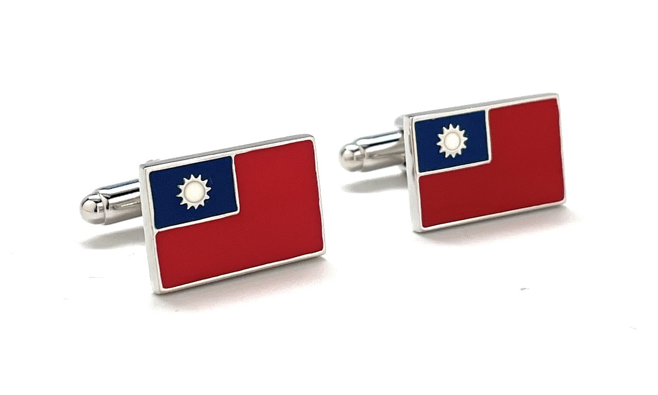Taiwan Flag Cufflinks – silver enamel cufflinks featuring the red, blue, and white colors of Taiwan’s national flag with white sun emblem, designed by JayPins for patriotic pride.