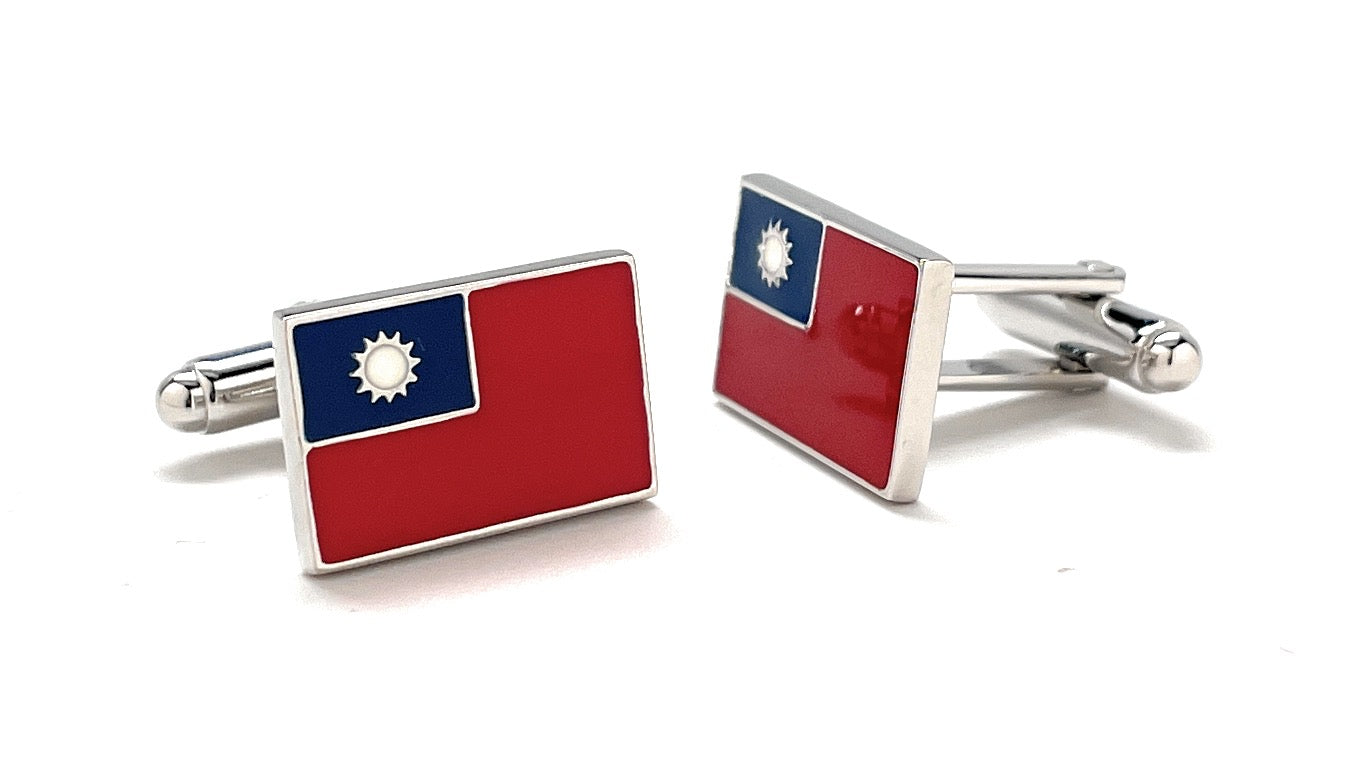 Taiwan Flag Cufflinks – silver enamel cufflinks featuring the red, blue, and white colors of Taiwan’s national flag with white sun emblem, designed by JayPins for patriotic pride.