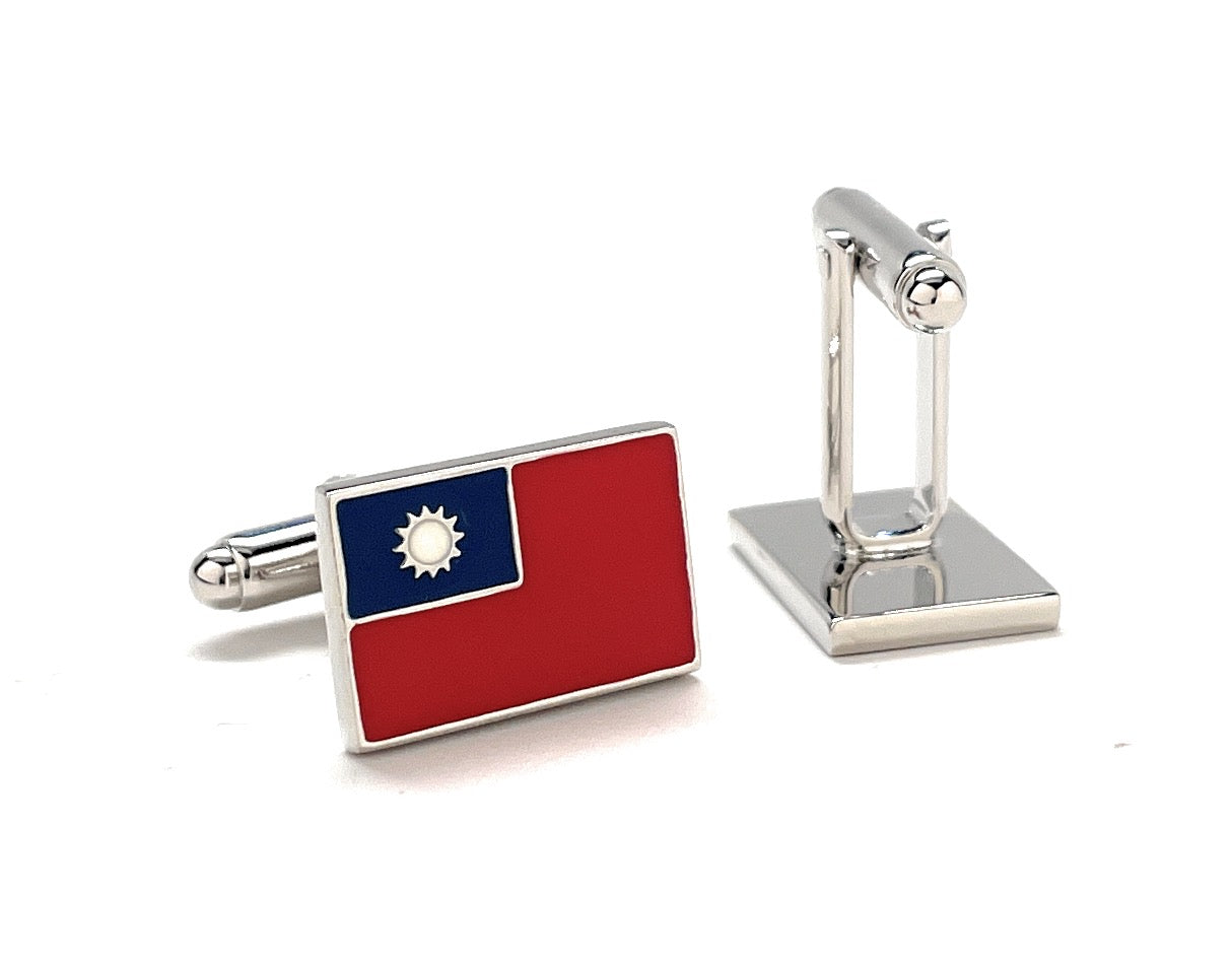 Taiwan Flag Cufflinks – silver enamel cufflinks featuring the red, blue, and white colors of Taiwan’s national flag with white sun emblem, designed by JayPins for patriotic pride.