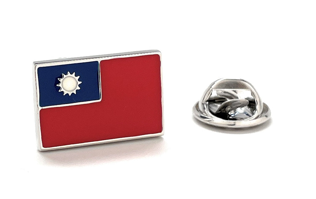 Taiwan Flag Lapel Pin – silver enamel pin featuring the red, blue, and white colors of Taiwan’s national flag with white sun emblem, designed by JayPins for patriotic pride.
