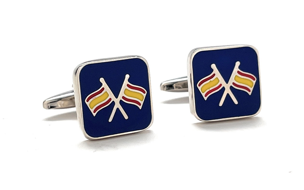 Double Racing Flag Cufflinks – silver cufflinks featuring enamel racing flags on navy background, designed by JayPins for motorsport and car enthusiasts.