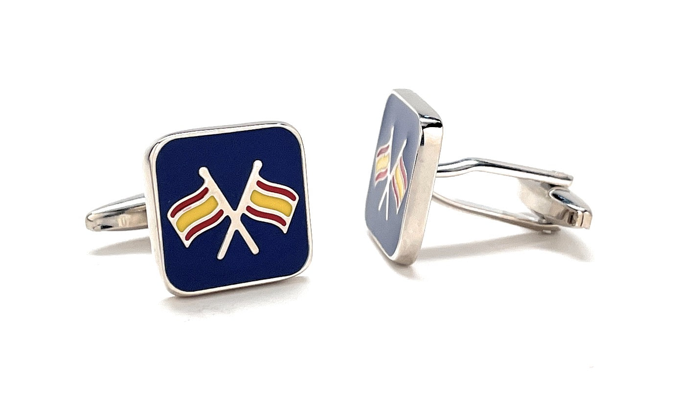 Double Racing Flag Cufflinks – silver cufflinks featuring enamel racing flags on navy background, designed by JayPins for motorsport and car enthusiasts.
