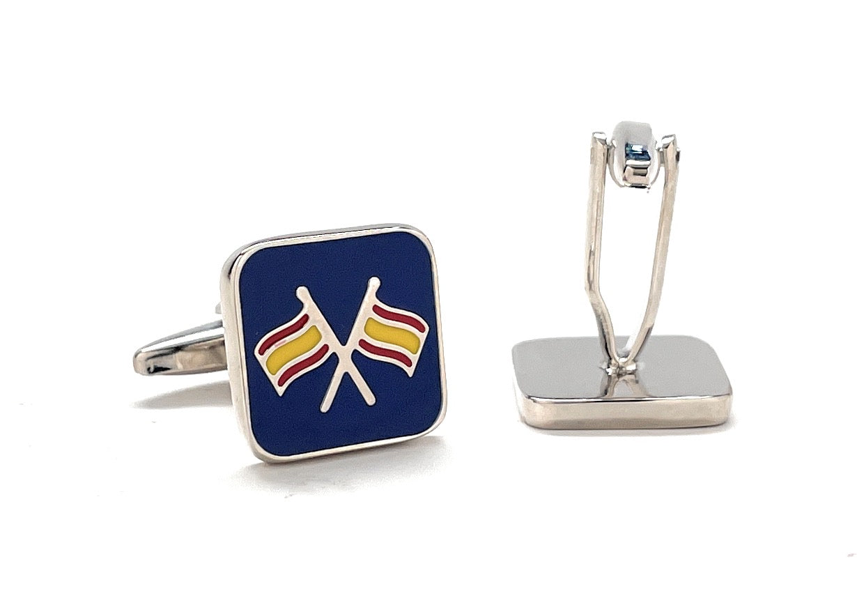 Double Racing Flag Cufflinks – silver cufflinks featuring enamel racing flags on navy background, designed by JayPins for motorsport and car enthusiasts.