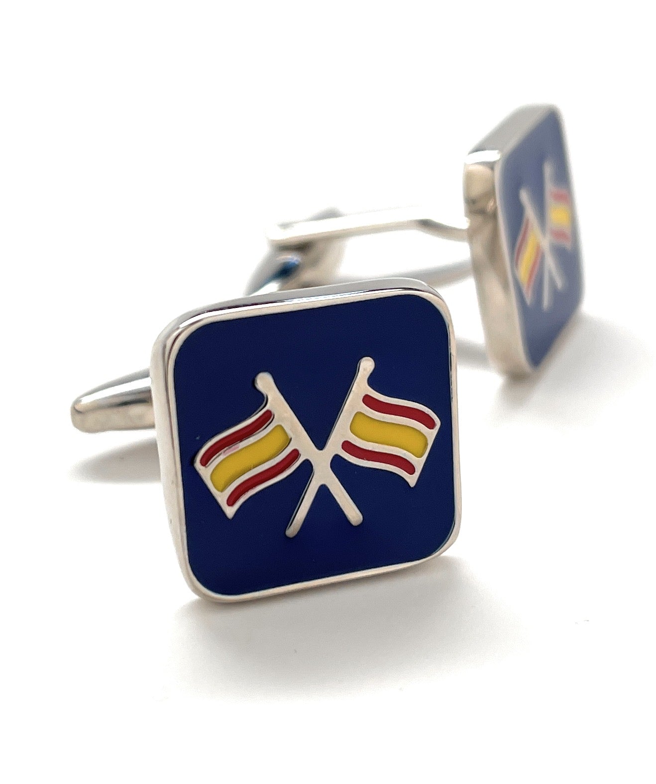 Double Racing Flag Cufflinks – silver cufflinks featuring enamel racing flags on navy background, designed by JayPins for motorsport and car enthusiasts.