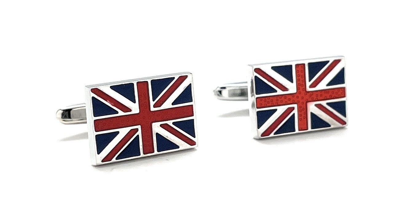 Rectangular United Kingdom flag cufflinks featuring the red, white, and blue Union Jack enamel design with silver trim and bullet-back closure.