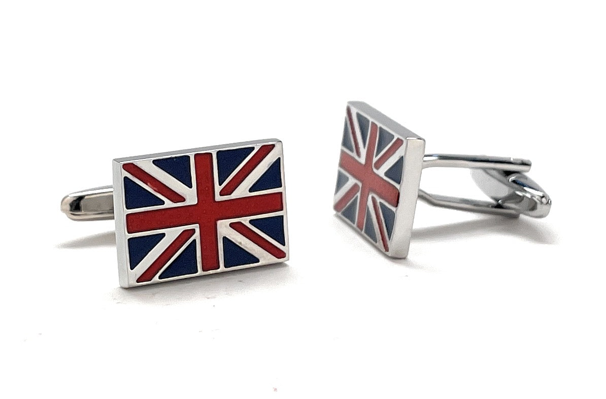 Rectangular United Kingdom flag cufflinks featuring the red, white, and blue Union Jack enamel design with silver trim and bullet-back closure.