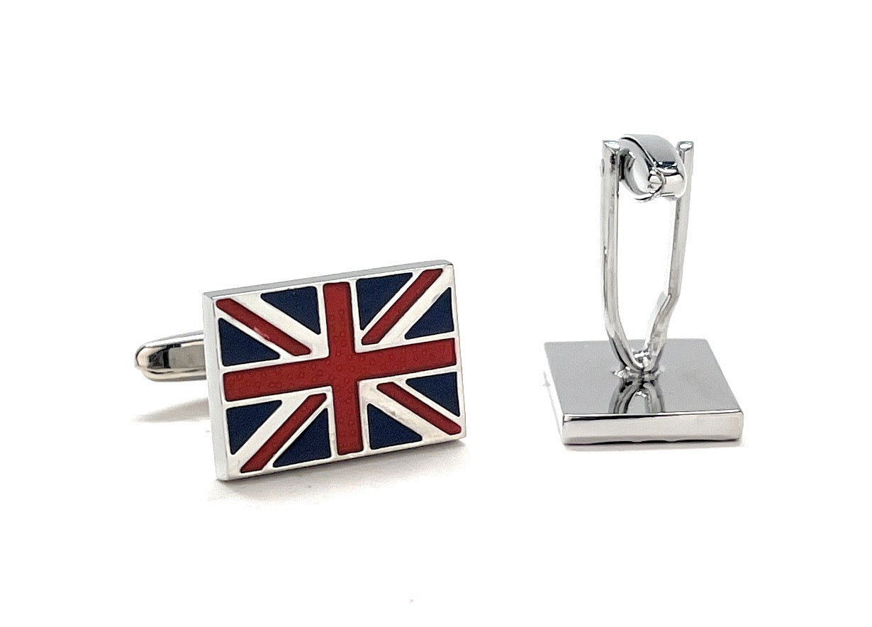 Rectangular United Kingdom flag cufflinks featuring the red, white, and blue Union Jack enamel design with silver trim and bullet-back closure.