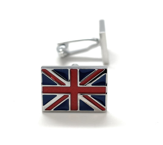 Rectangular United Kingdom flag cufflinks featuring the red, white, and blue Union Jack enamel design with silver trim and bullet-back closure.