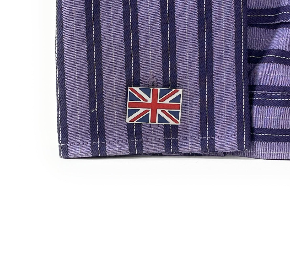 Rectangular United Kingdom flag cufflinks featuring the red, white, and blue Union Jack enamel design with silver trim and bullet-back closure.
