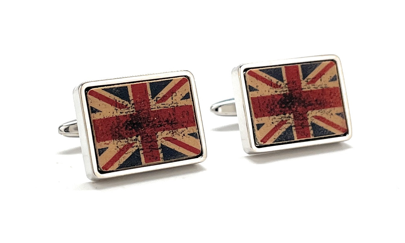 Pair of square cufflinks with Union Jack design on a white background