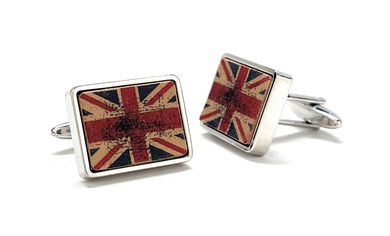 Pair of cufflinks with Union Jack design on a white background