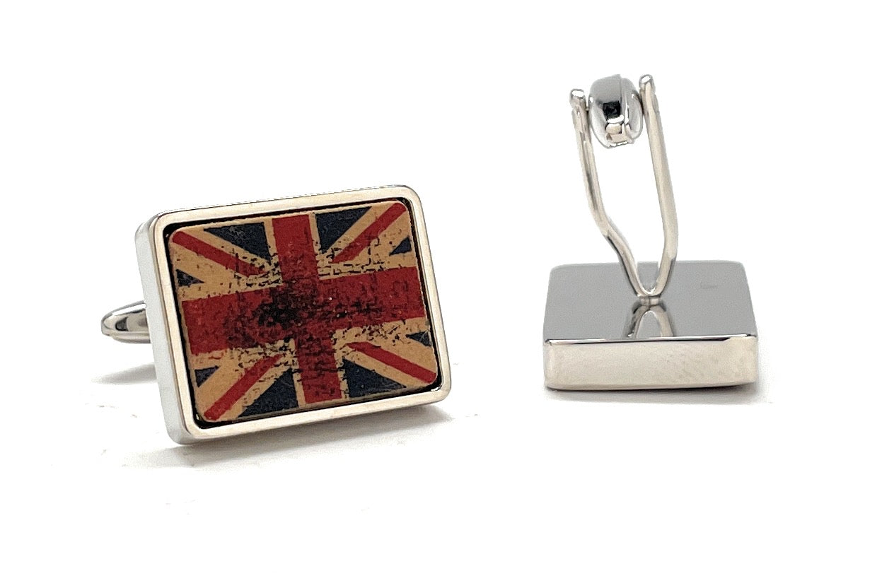 Rectangular vintage-style Union Jack cufflinks with a distressed red, white, and blue enamel design and silver trim — perfect for formal wear or British-themed gifts.