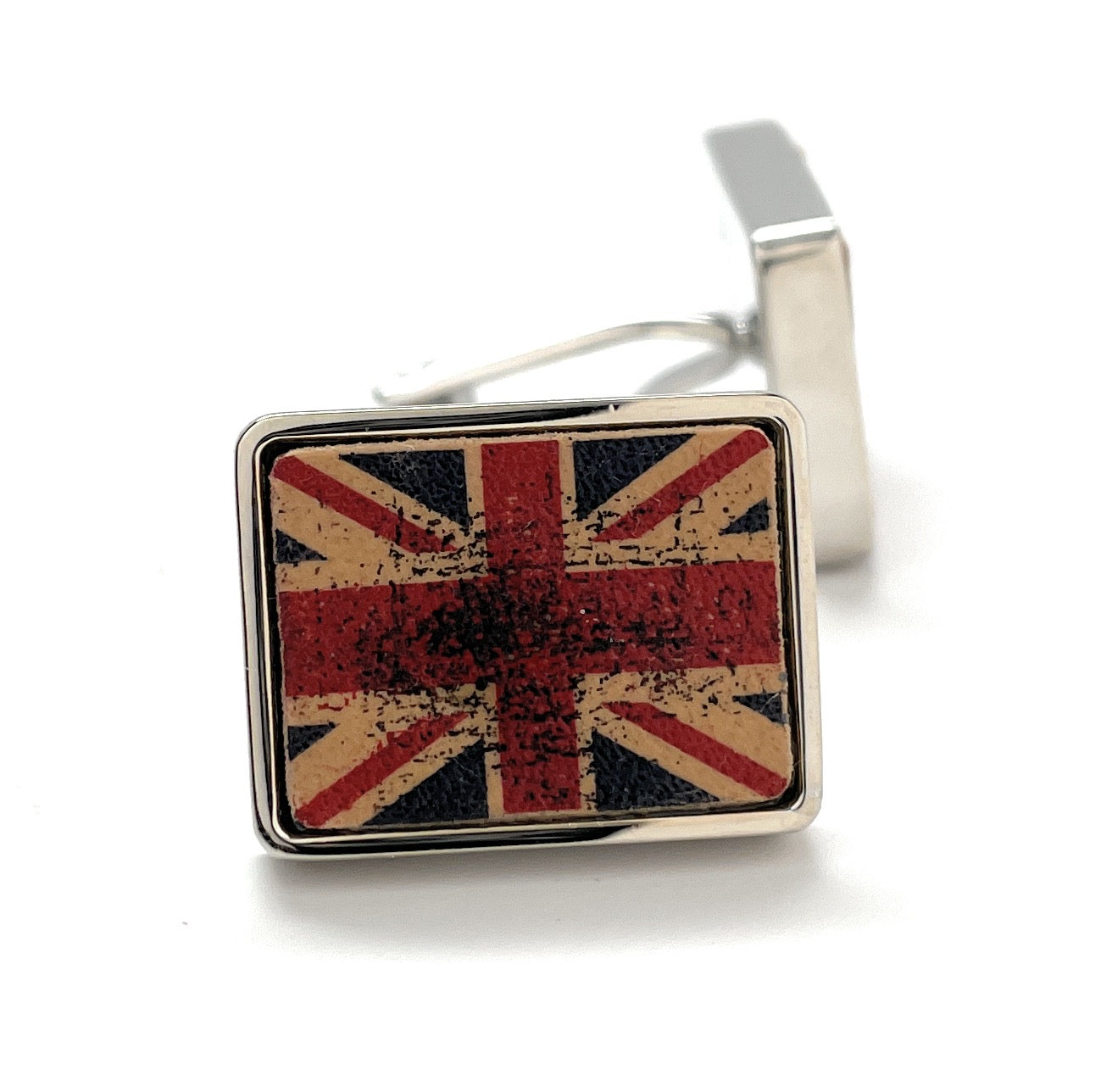 Rectangular vintage-style Union Jack cufflinks with a distressed red, white, and blue enamel design and silver trim — perfect for formal wear or British-themed gifts.