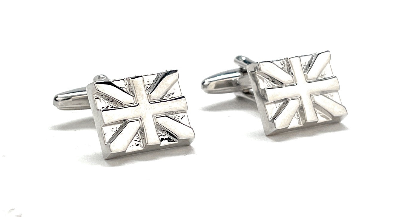 Polished silver Union Jack cufflinks with embossed British flag design and bullet-back closures, perfect for formal wear or patriotic gifts.