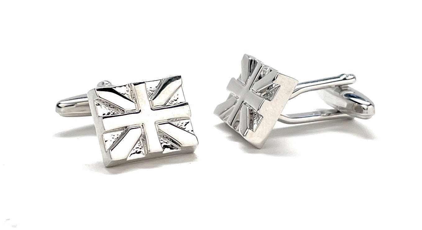 Polished silver Union Jack cufflinks with embossed British flag design and bullet-back closures, perfect for formal wear or patriotic gifts.