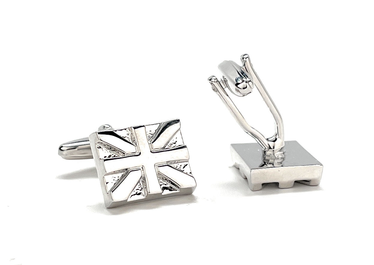 Polished silver Union Jack cufflinks with embossed British flag design and bullet-back closures, perfect for formal wear or patriotic gifts.