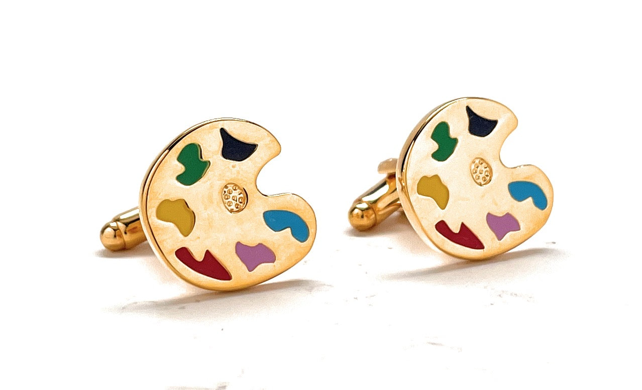 Gold artist paint palette cufflinks with colorful enamel accents – unique gift for painters and art teachers.
