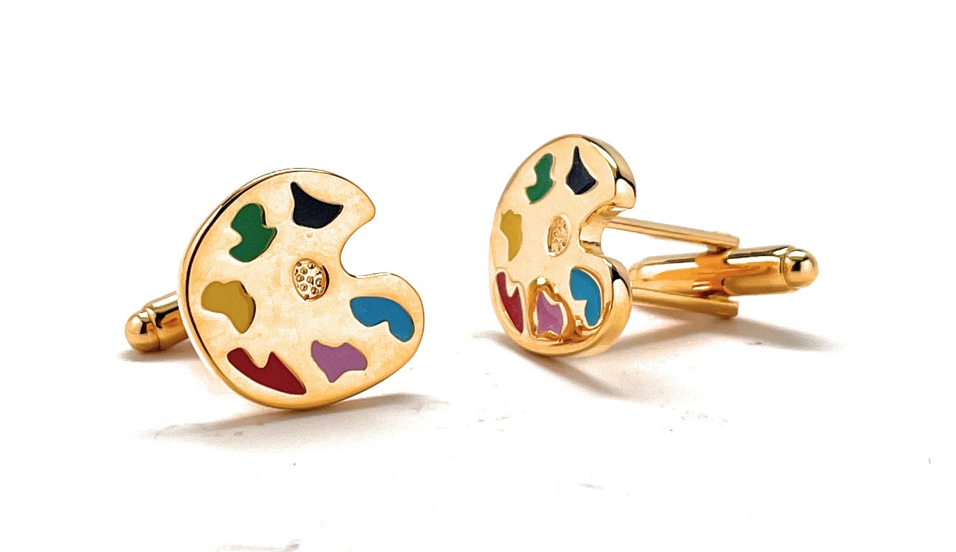 Gold artist paint palette cufflinks with colorful enamel accents – unique gift for painters and art teachers.