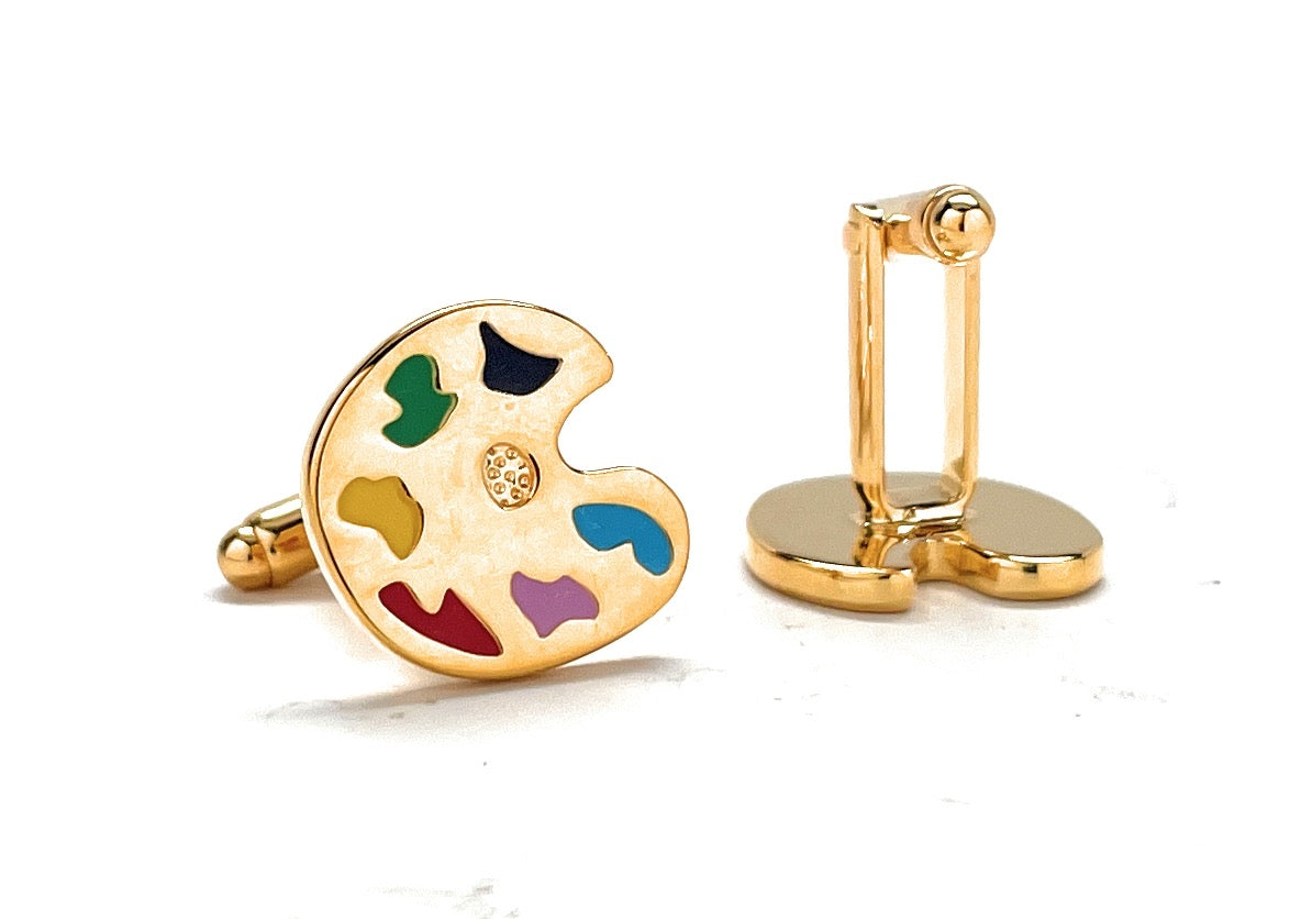 Gold artist paint palette cufflinks with colorful enamel accents – unique gift for painters and art teachers.