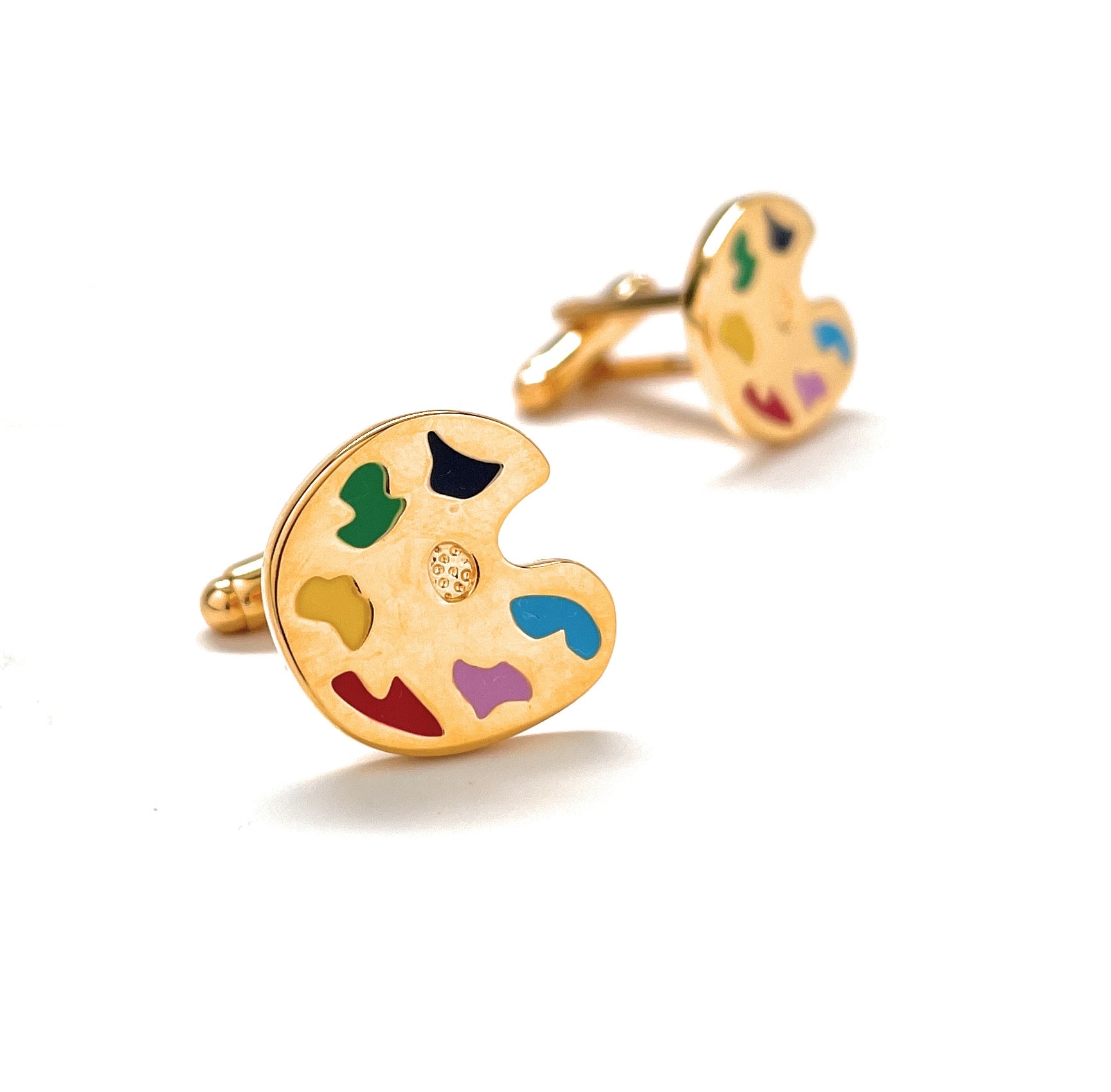 Gold artist paint palette cufflinks with colorful enamel accents – unique gift for painters and art teachers.