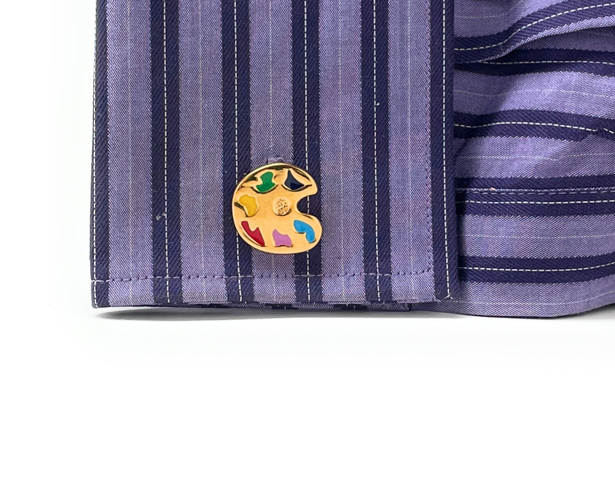 Gold artist paint palette cufflinks with colorful enamel accents – unique gift for painters and art teachers.