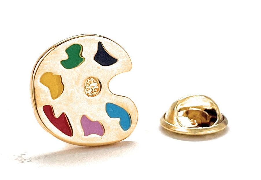 Gold Artist Paint Palette Lapel Pin with colorful enamel paint accents and butterfly clutch backing