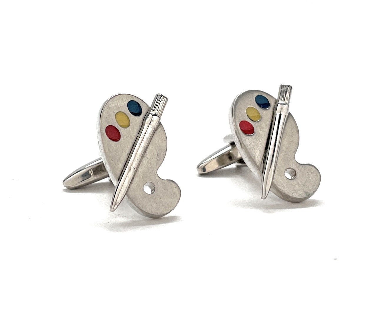Silver artist palette and paintbrush cufflinks with colorful enamel paint accents – painter and art teacher gift