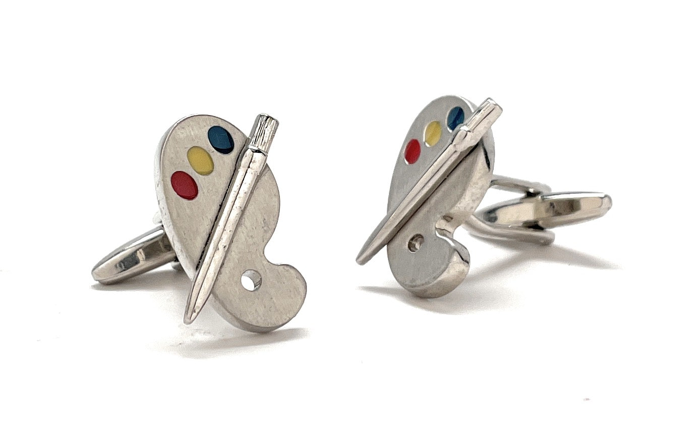 Silver artist palette and paintbrush cufflinks with colorful enamel paint accents – painter and art teacher gift