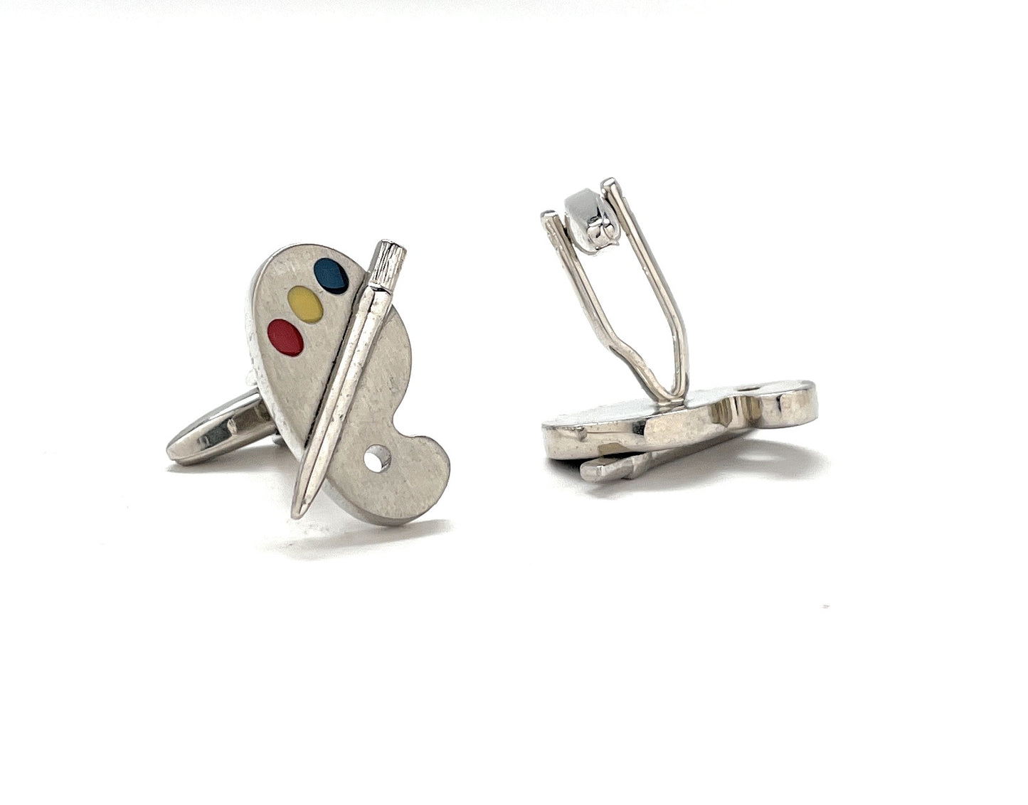 Silver artist palette and paintbrush cufflinks with colorful enamel paint accents – painter and art teacher gift