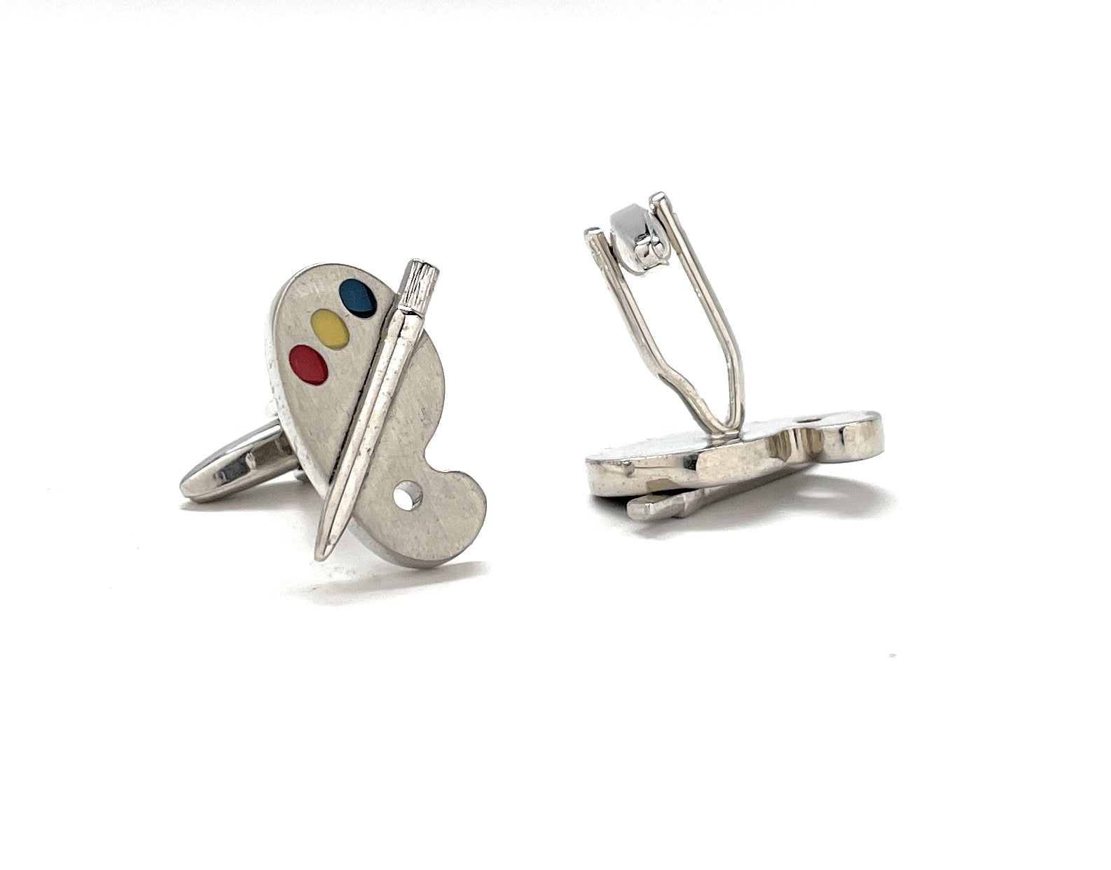 Silver artist palette and paintbrush cufflinks with colorful enamel paint accents – painter and art teacher gift