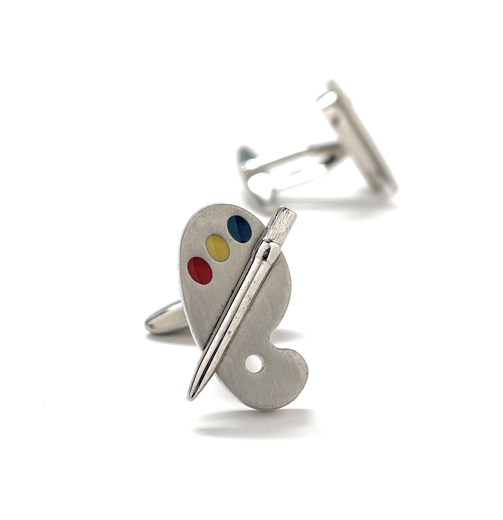 Silver artist palette and paintbrush cufflinks with colorful enamel paint accents – painter and art teacher gift