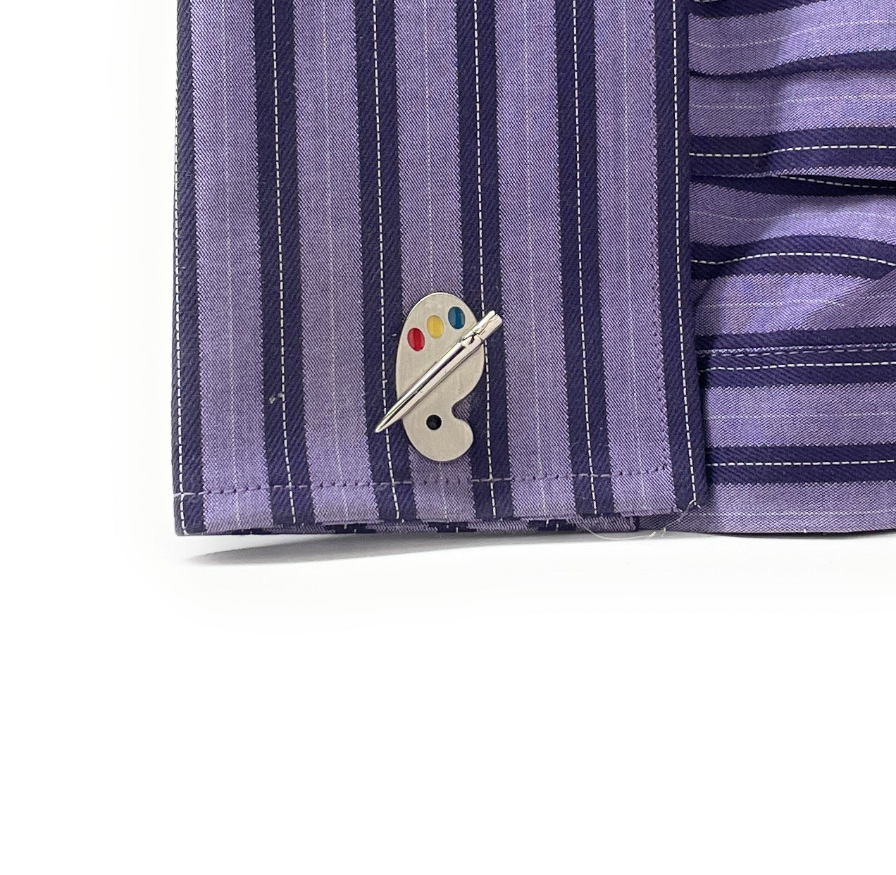 Silver artist palette and paintbrush cufflinks with colorful enamel paint accents – painter and art teacher gift
