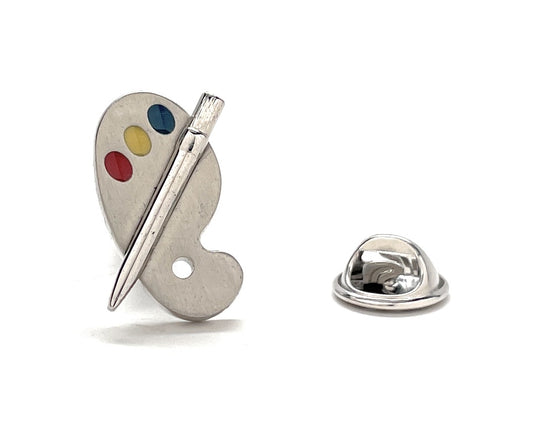 Silver artist paint palette lapel pin with colorful enamel paint and butterfly clutch backing.