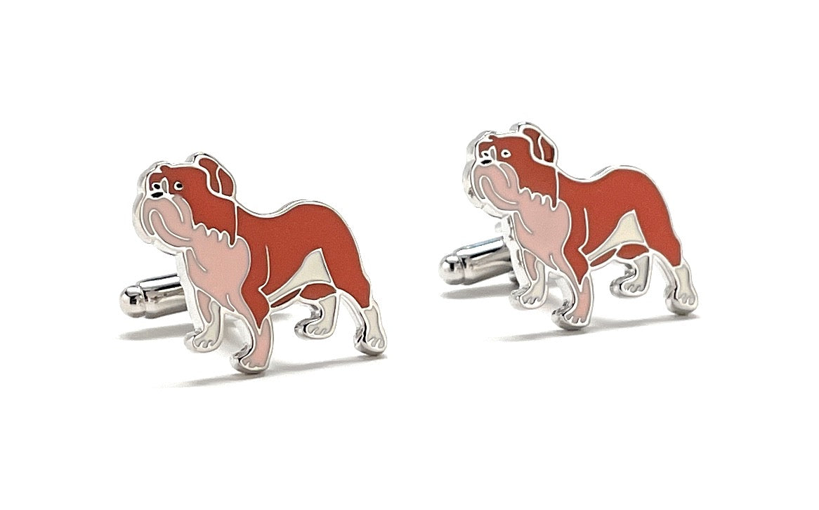 Bulldog-shaped cufflinks on a white background