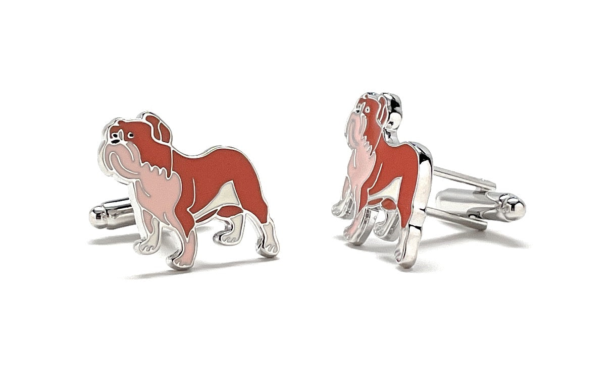 Bulldog-shaped cufflinks on a white background