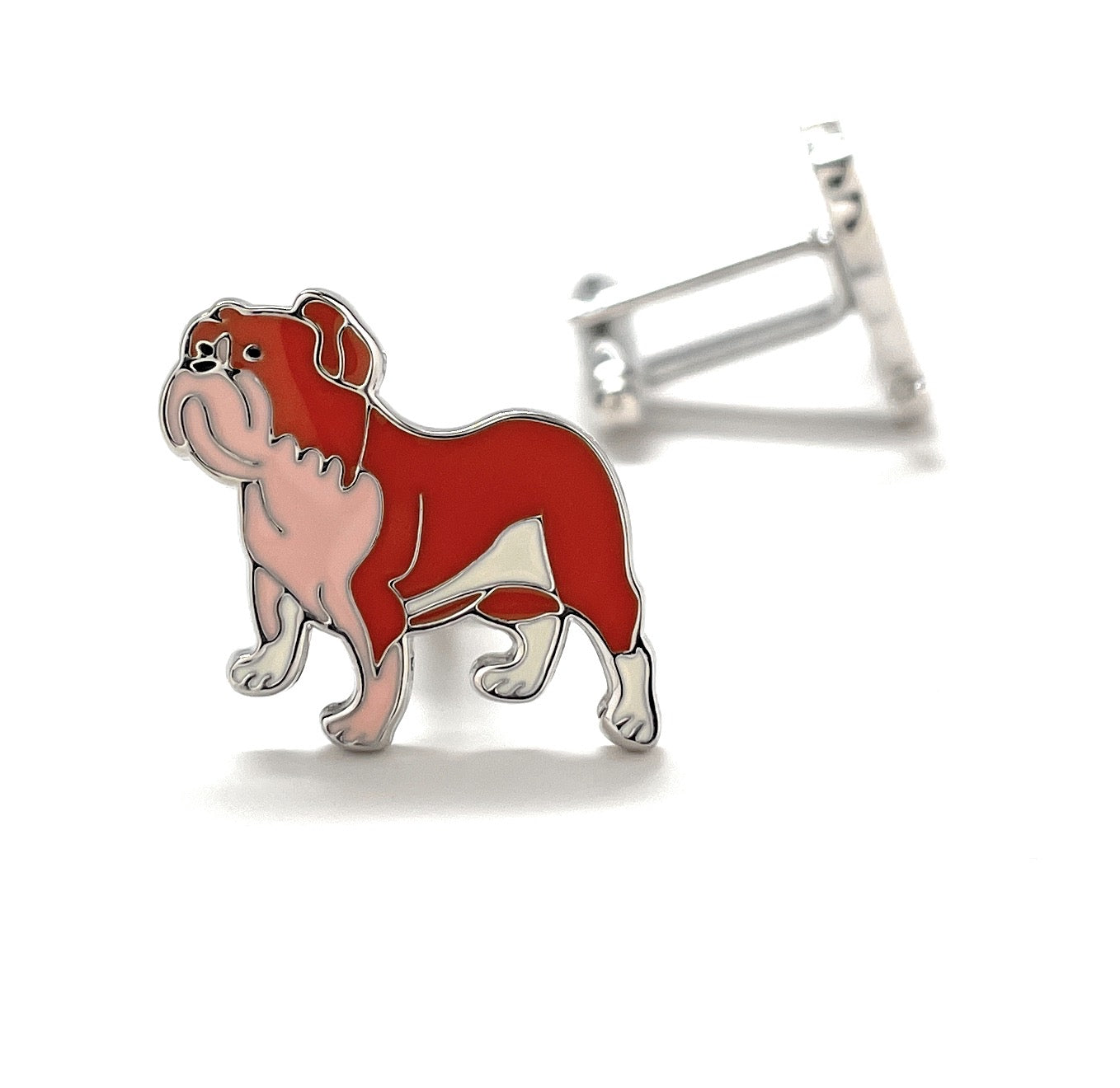 Red bulldog-shaped cufflinks on a white background