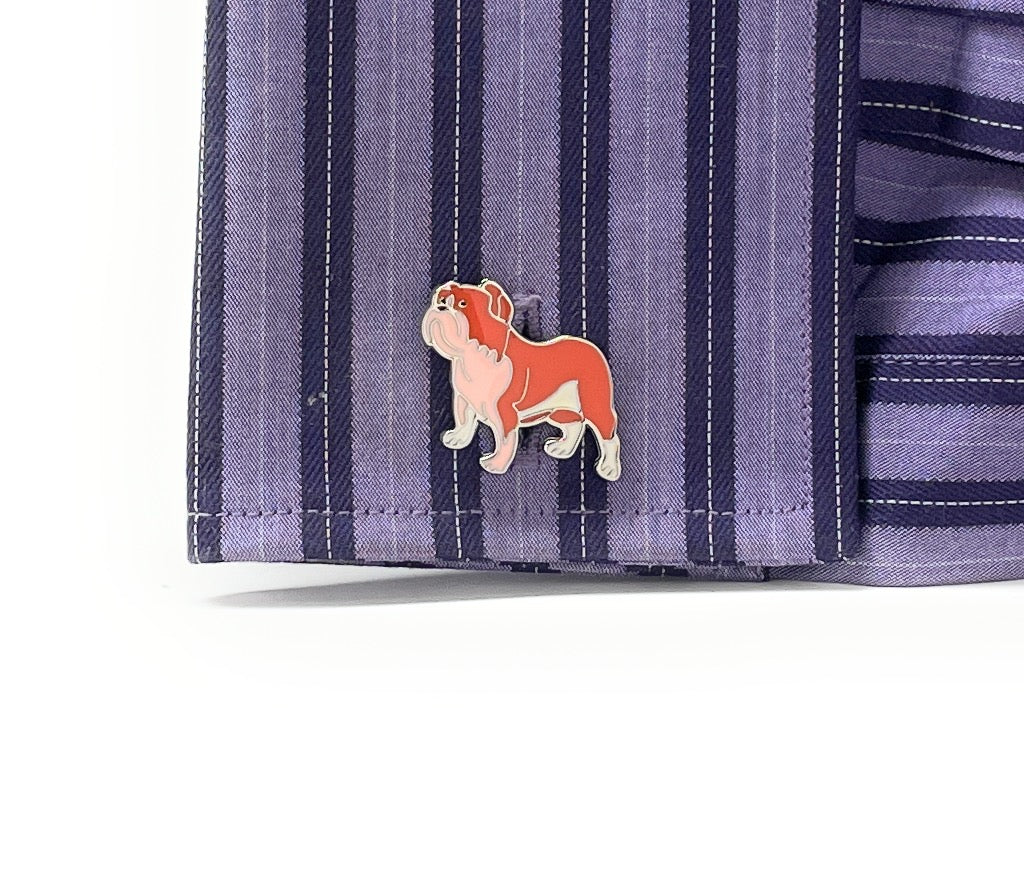 Striped fabric with a dog-shaped button on a white background