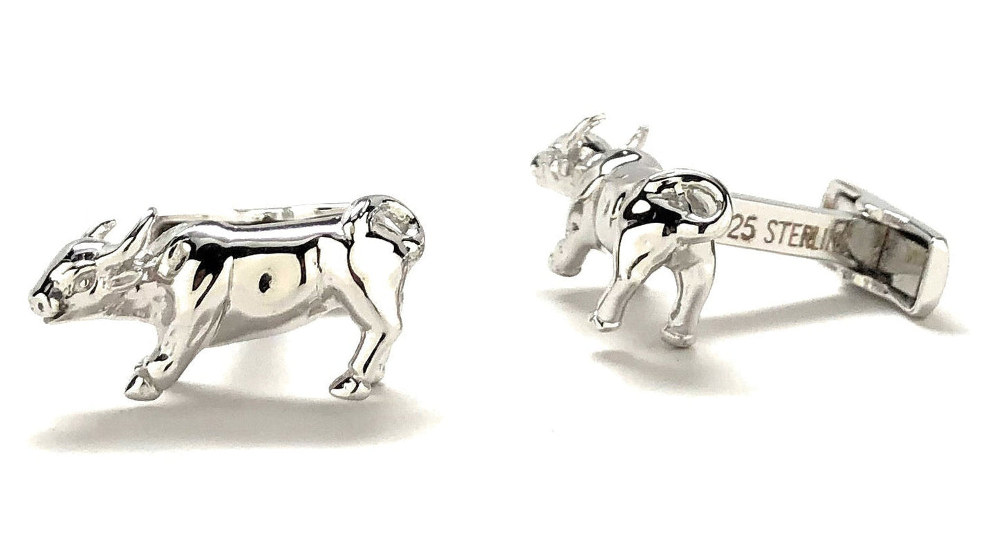 Solid 925 sterling silver bull cufflinks with bullet-back closure