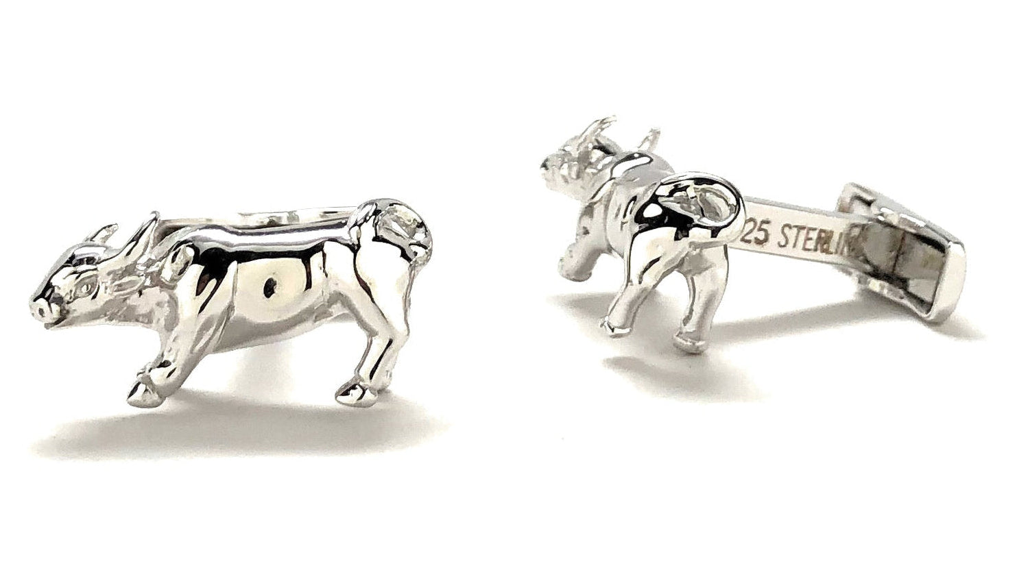 Solid 925 sterling silver bull cufflinks with bullet-back closure