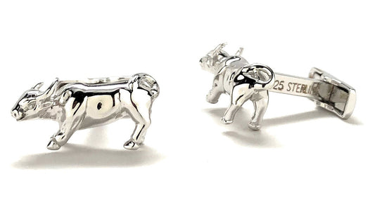 Solid 925 sterling silver bull cufflinks with bullet-back closure