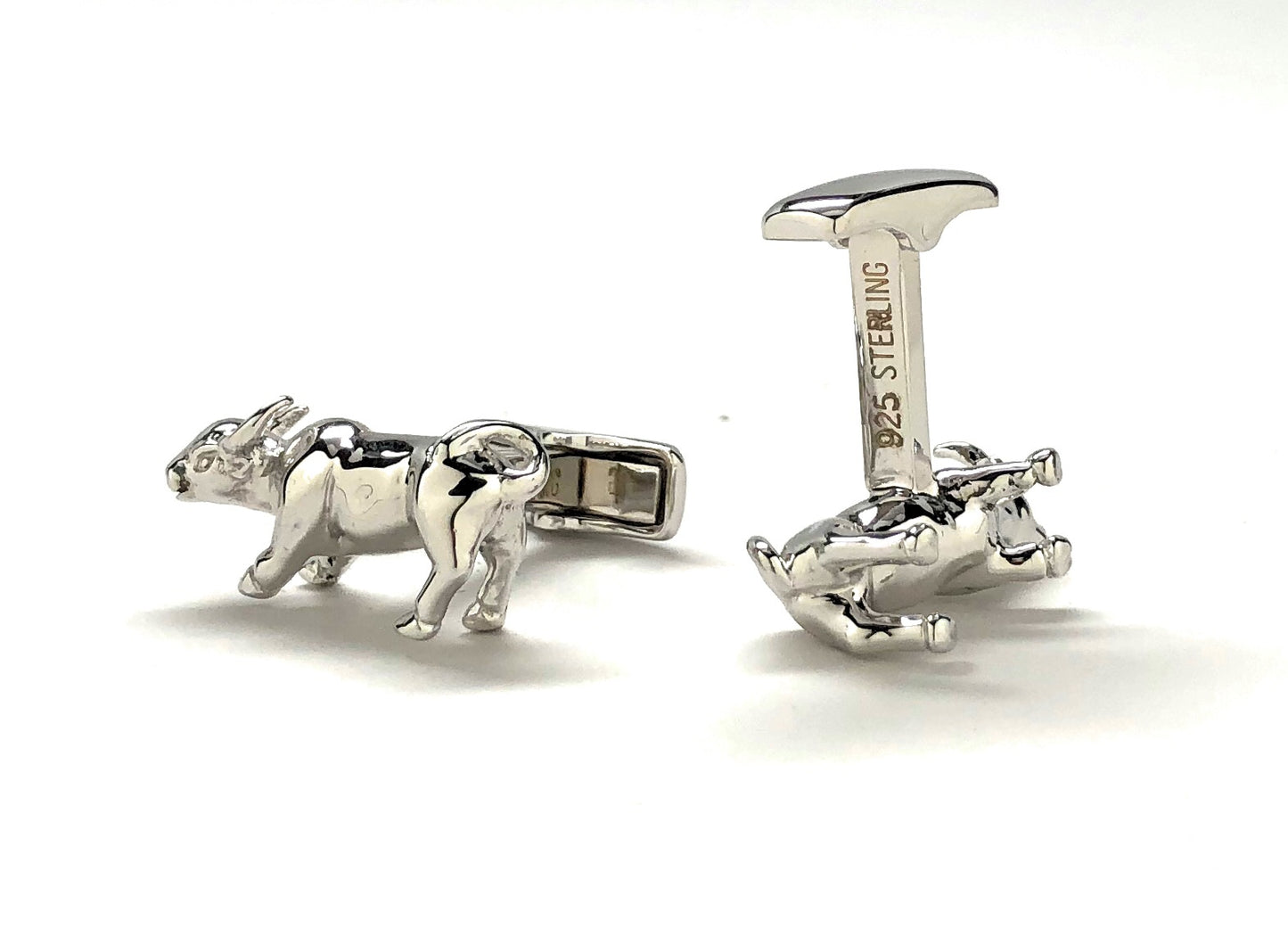 Solid 925 sterling silver bull cufflinks with bullet-back closure
